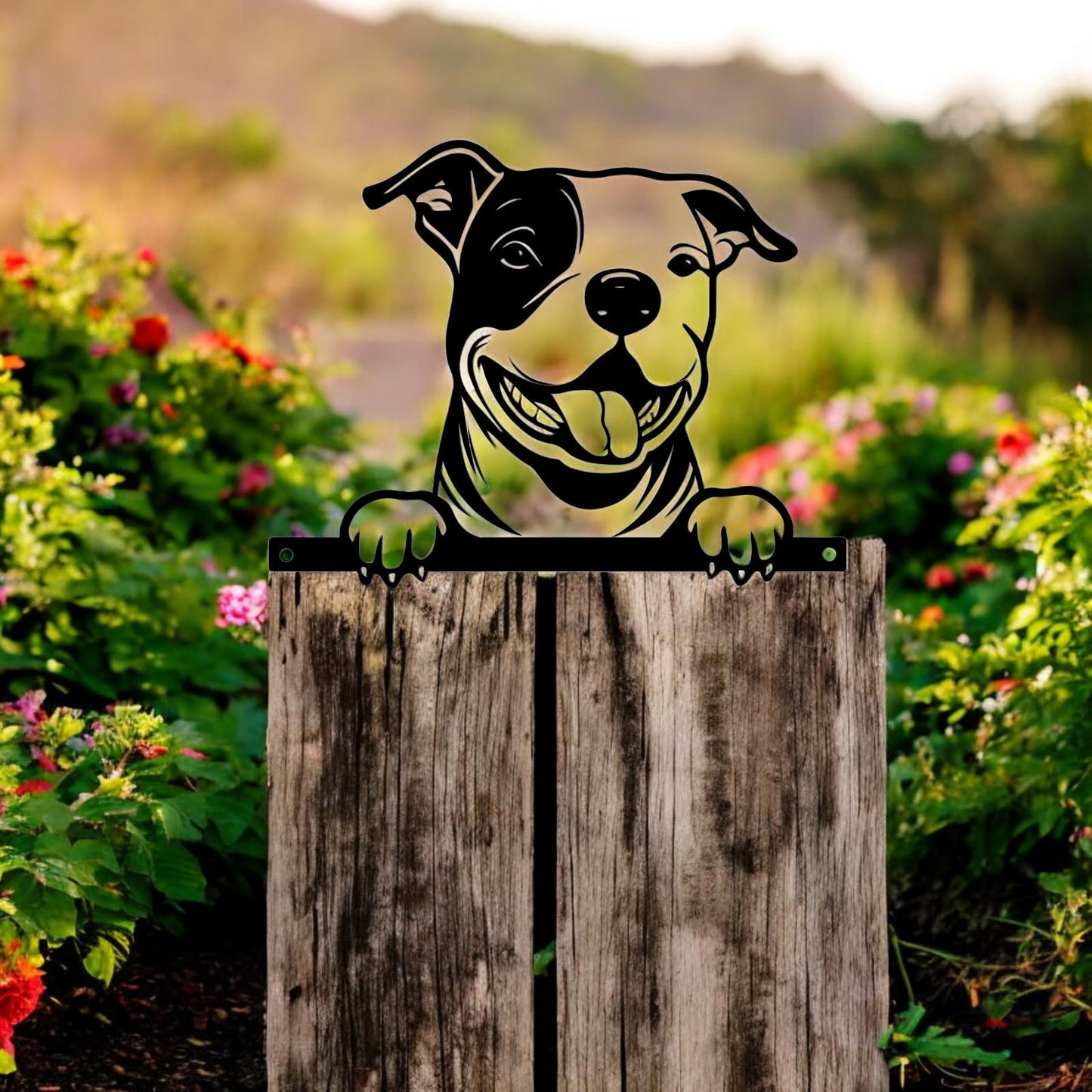Metal Staffie Peeking Dog Silhouette – 25cm x 9cm x 1.5cm | Decorative Metal Dog Art for Home & Garden Décor
