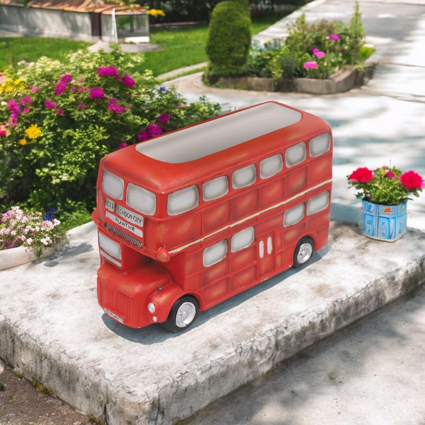 Large Resin London Bus Planter β 24.5cm x 18cm x 40.5cm | Iconic Red Double-Decker Bus Garden Planter