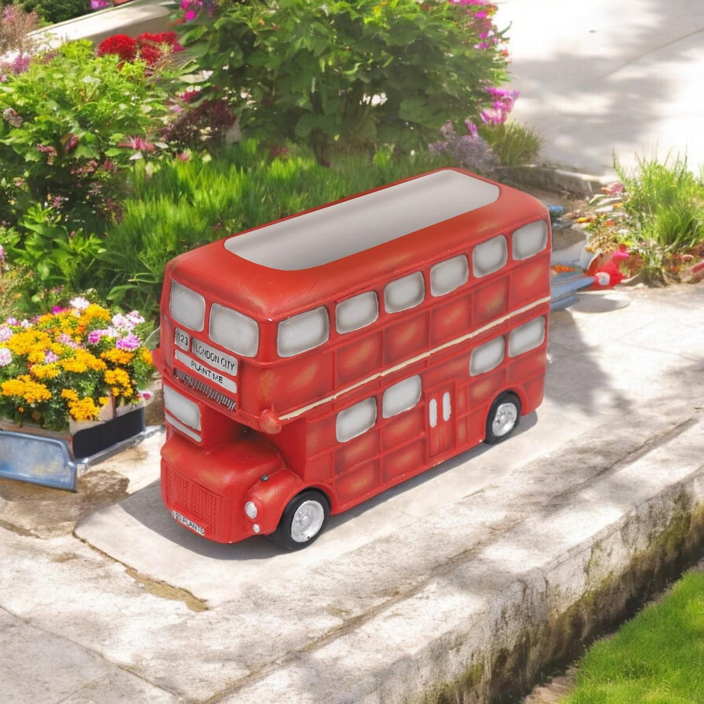 Large Resin London Bus Planter β 24.5cm x 18cm x 40.5cm | Iconic Red Double-Decker Bus Garden Planter