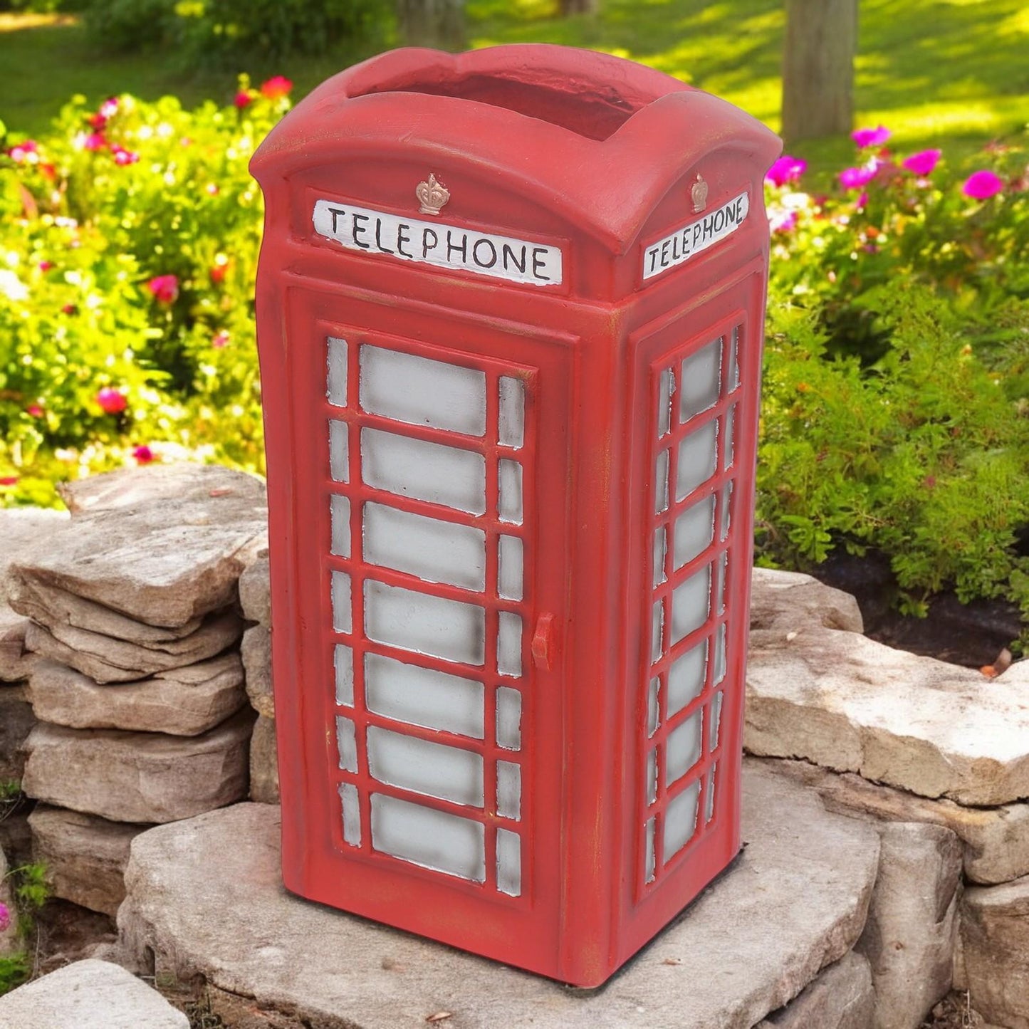 Large Resin London Telephone Box Planter β 38.5cm x 18cm x 16cm | Unique British Red Telephone Box Garden Planter