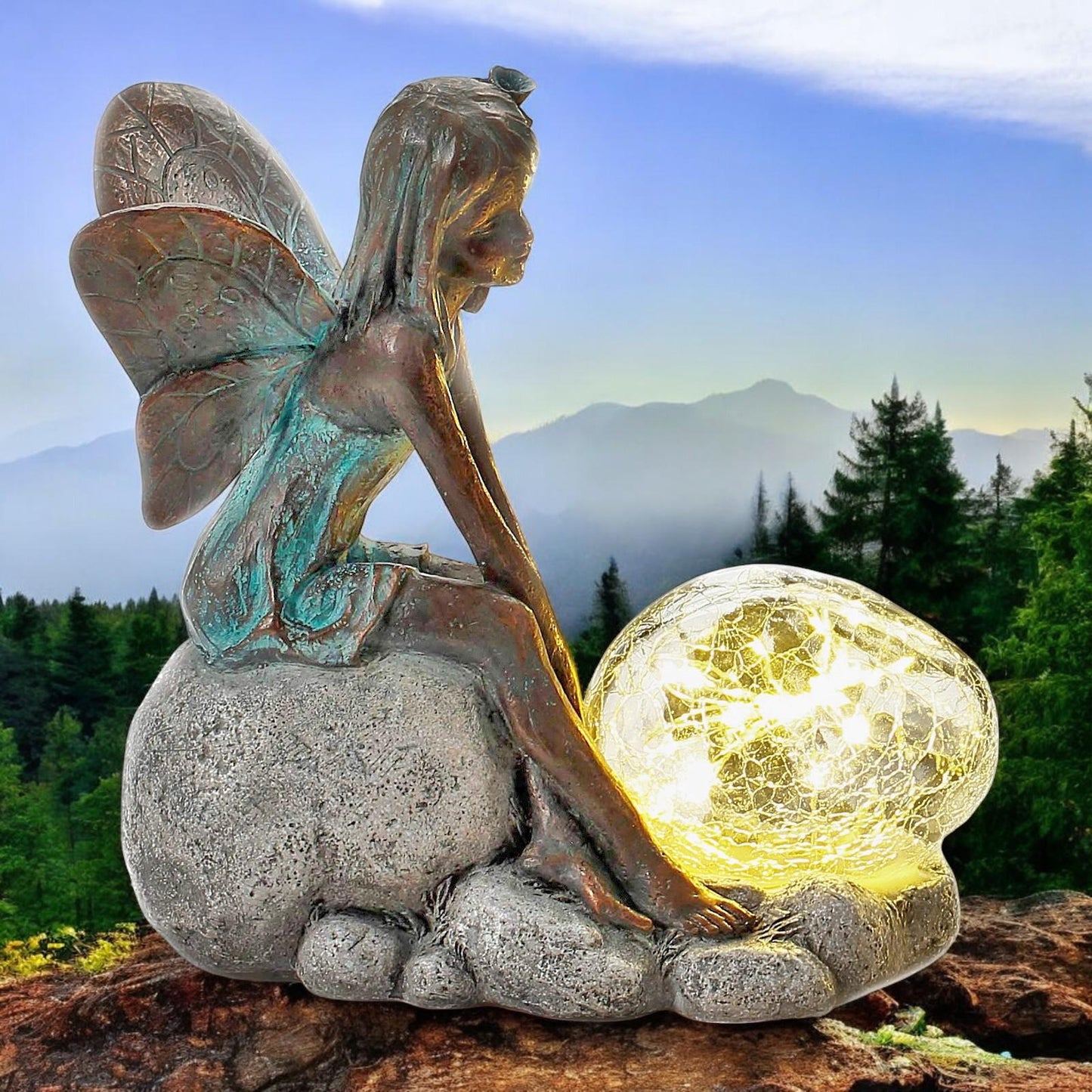 Resin Sitting Fairy with Solar Bubble Light – 25.5cm x 25cm x 12cm | Enchanting Garden Ornament with LED Glow for Outdoor & Patio Décor