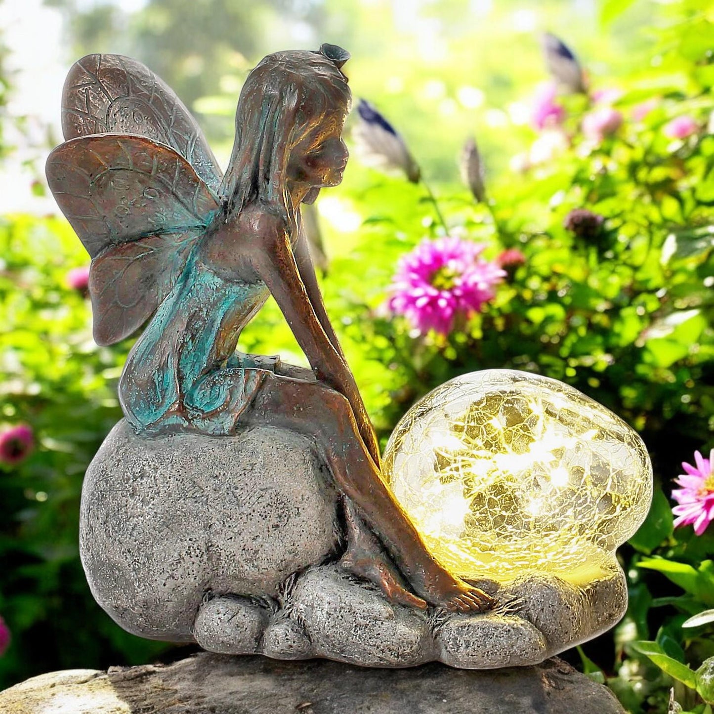 Resin Sitting Fairy with Solar Bubble Light – 25.5cm x 25cm x 12cm | Enchanting Garden Ornament with LED Glow for Outdoor & Patio Décor