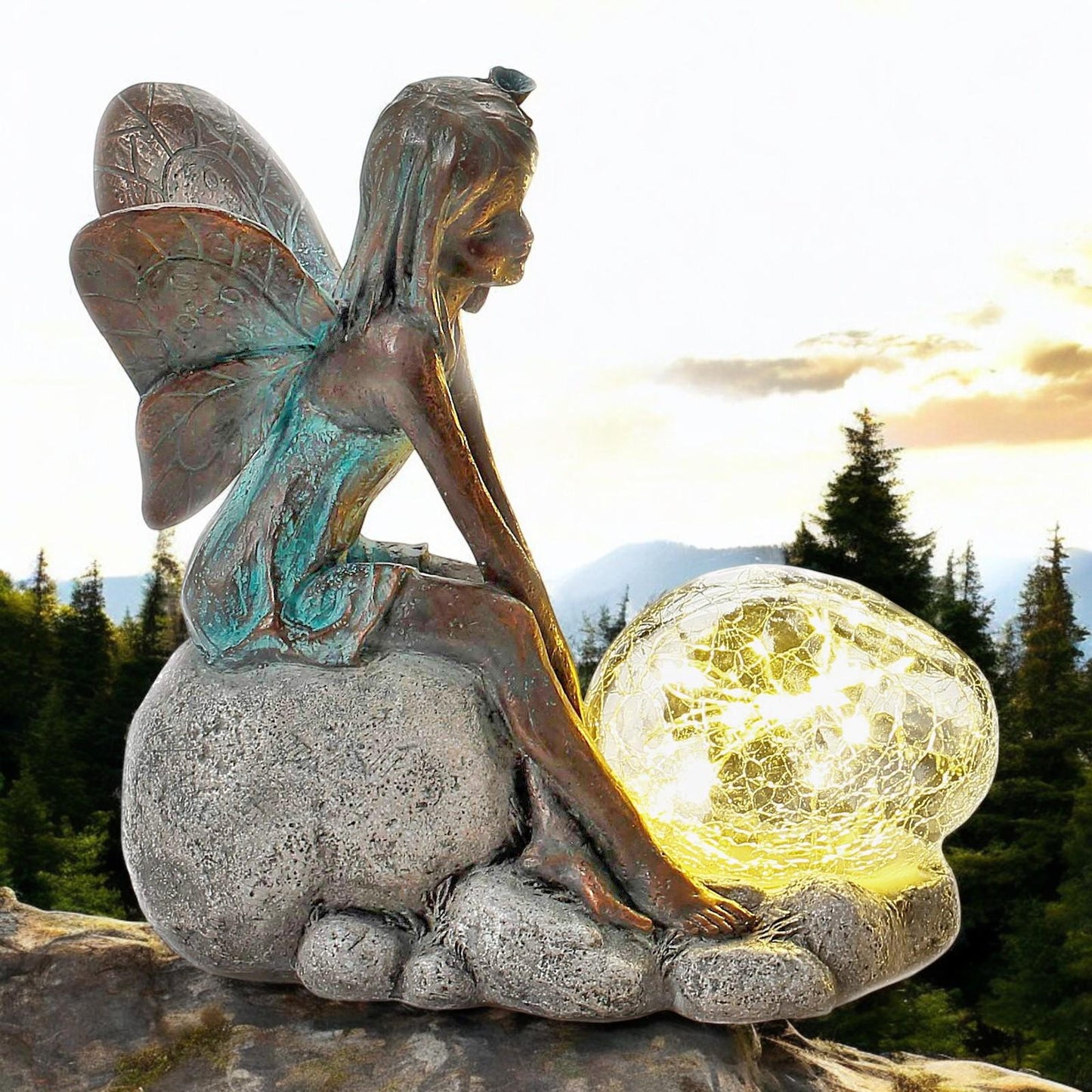 Resin Sitting Fairy with Solar Bubble Light – 25.5cm x 25cm x 12cm | Enchanting Garden Ornament with LED Glow for Outdoor & Patio Décor