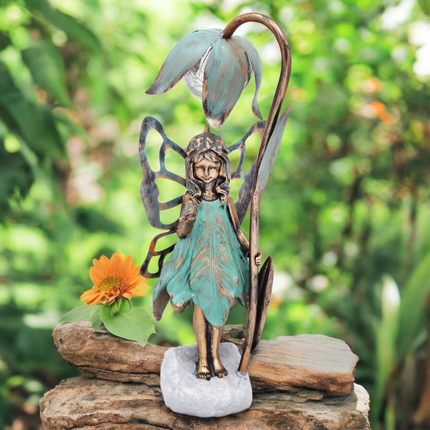 Resin Fairy Solar Petal Light with Bird β 42cm x 17cm x 12cm | Enchanting Outdoor Garden Ornament with Solar LED Glow