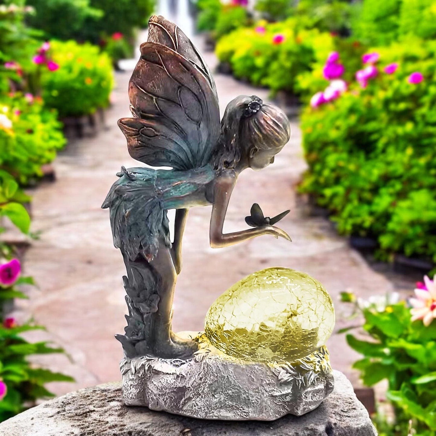 Resin Perching Fairy with Solar Bubble Light β 30.5cm x 17cm x 10.5cm | Enchanting Outdoor Garden Ornament with Solar-Powered Glow
