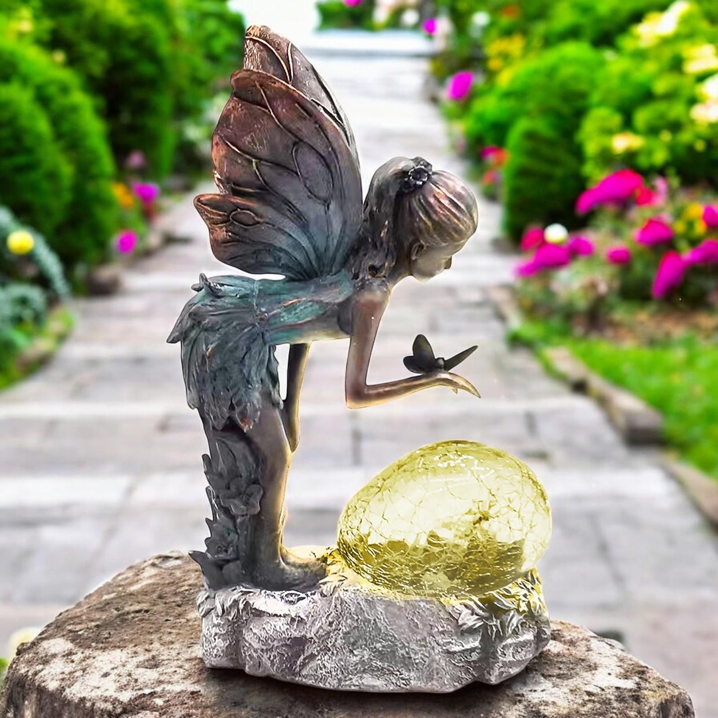 Resin Perching Fairy with Solar Bubble Light β 30.5cm x 17cm x 10.5cm | Enchanting Outdoor Garden Ornament with Solar-Powered Glow