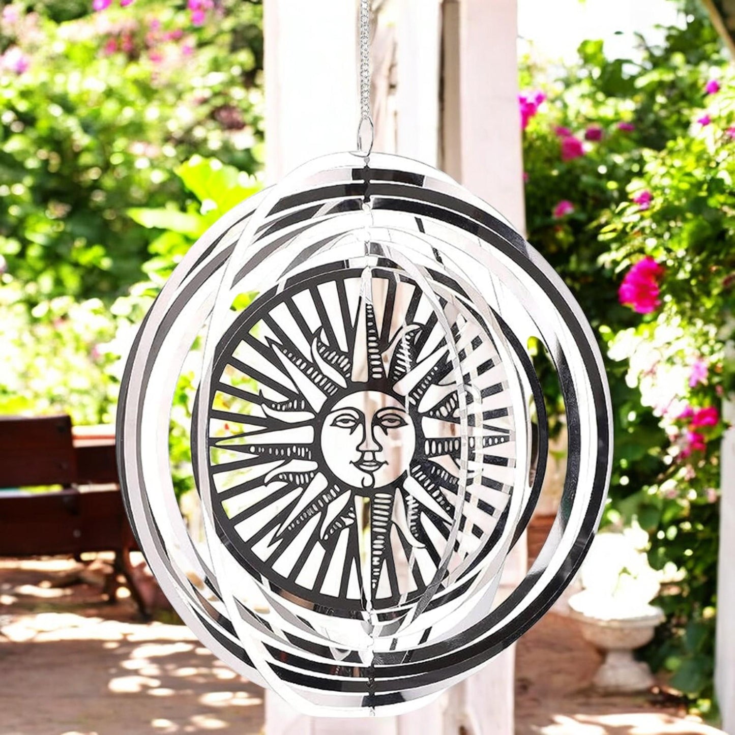 Sun Stainless Steel Hanging Wind Spinner – 34cm x 25cm | 3D Metal Kinetic Garden Ornament & Outdoor Wind Sculpture
