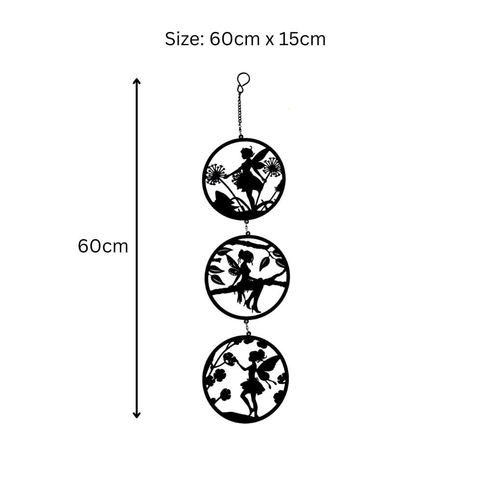Black Fairy Silhouette Hanging Trio Spinner– 60cm x 15cm | 3-Tier Kinetic Wind Spinner for Garden & Home | Outdoor Metal Hanging Fairy