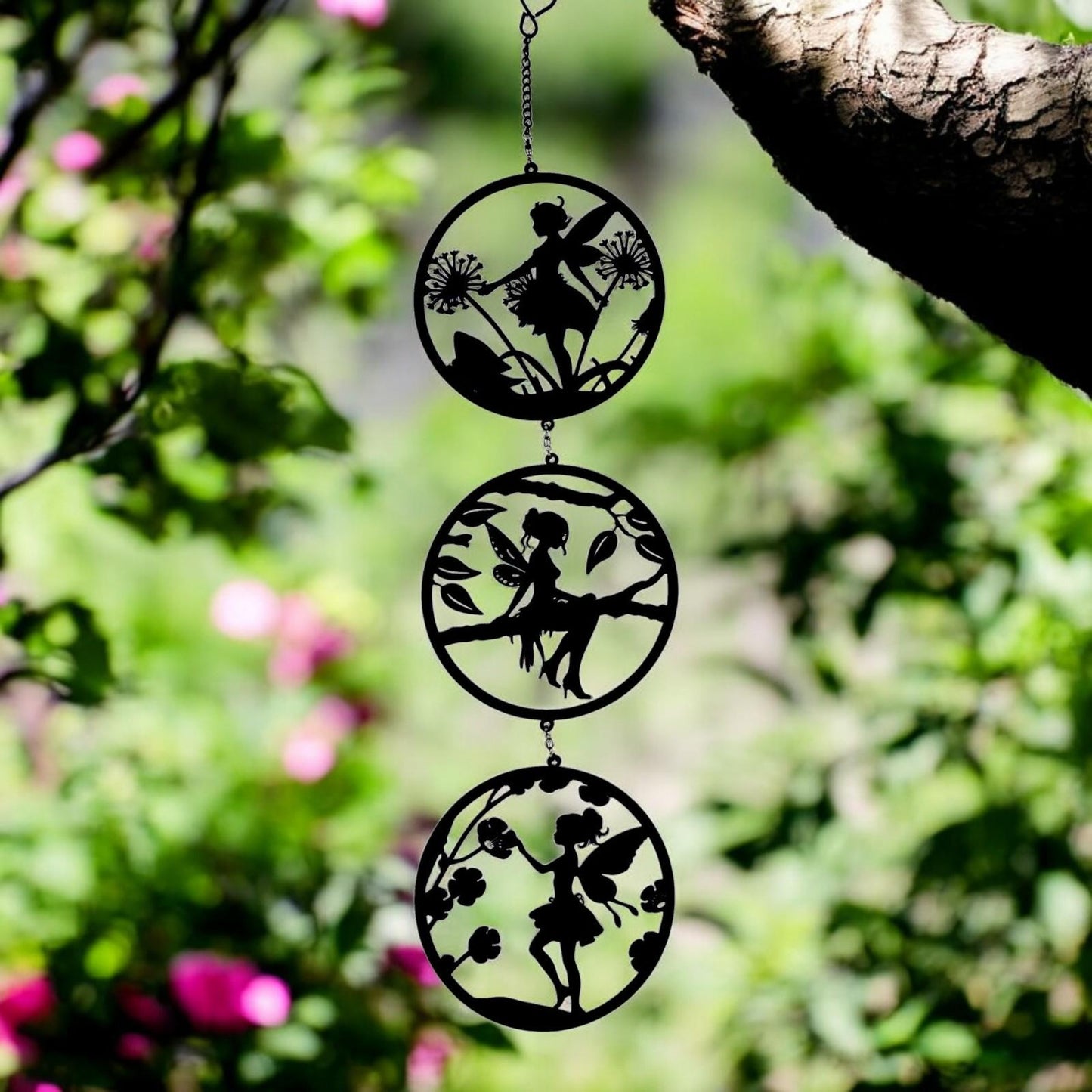 Black Fairy Silhouette Hanging Trio Spinner– 60cm x 15cm | 3-Tier Kinetic Wind Spinner for Garden & Home | Outdoor Metal Hanging Fairy