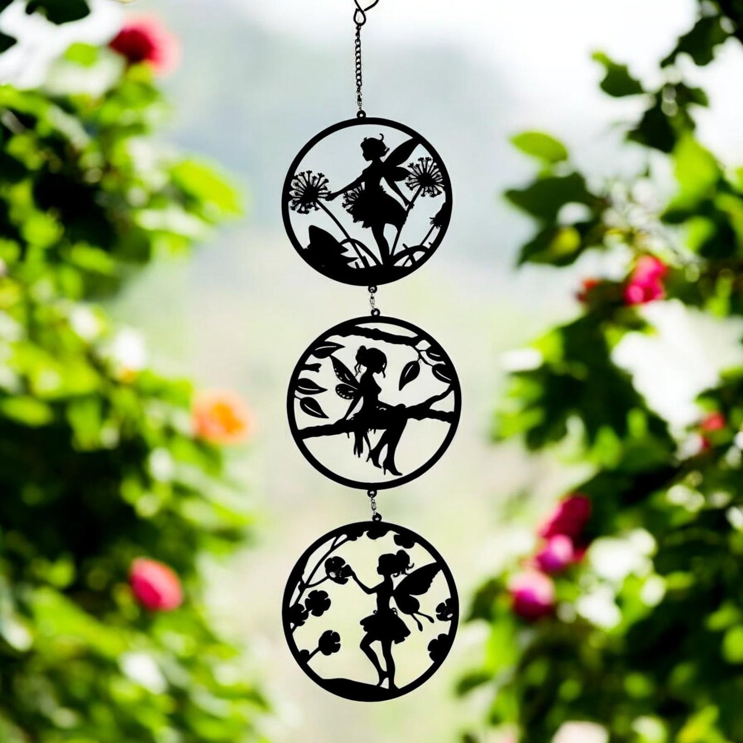 Black Fairy Silhouette Hanging Trio Spinner– 60cm x 15cm | 3-Tier Kinetic Wind Spinner for Garden & Home | Outdoor Metal Hanging Fairy