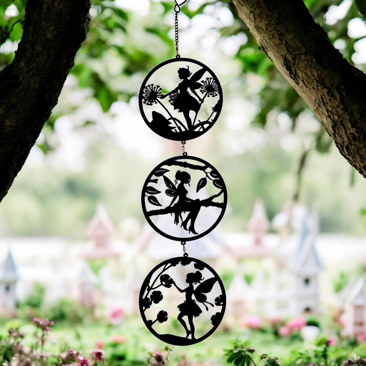 Black Fairy Silhouette Hanging Trio Spinner– 60cm x 15cm | 3-Tier Kinetic Wind Spinner for Garden & Home | Outdoor Metal Hanging Fairy