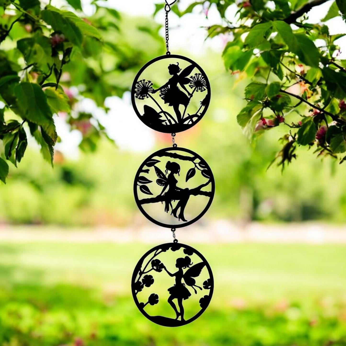 Black Fairy Silhouette Hanging Trio Spinner– 60cm x 15cm | 3-Tier Kinetic Wind Spinner for Garden & Home | Outdoor Metal Hanging Fairy