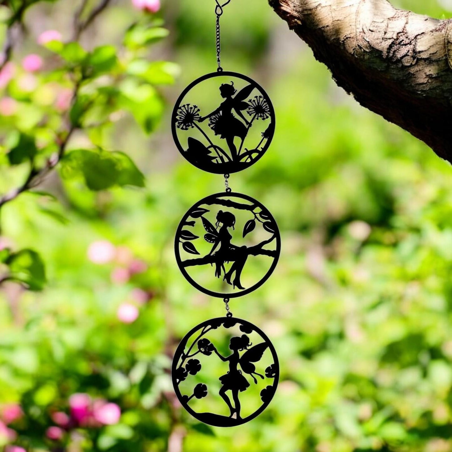 Black Fairy Silhouette Hanging Trio Spinner– 60cm x 15cm | 3-Tier Kinetic Wind Spinner for Garden & Home | Outdoor Metal Hanging Fairy