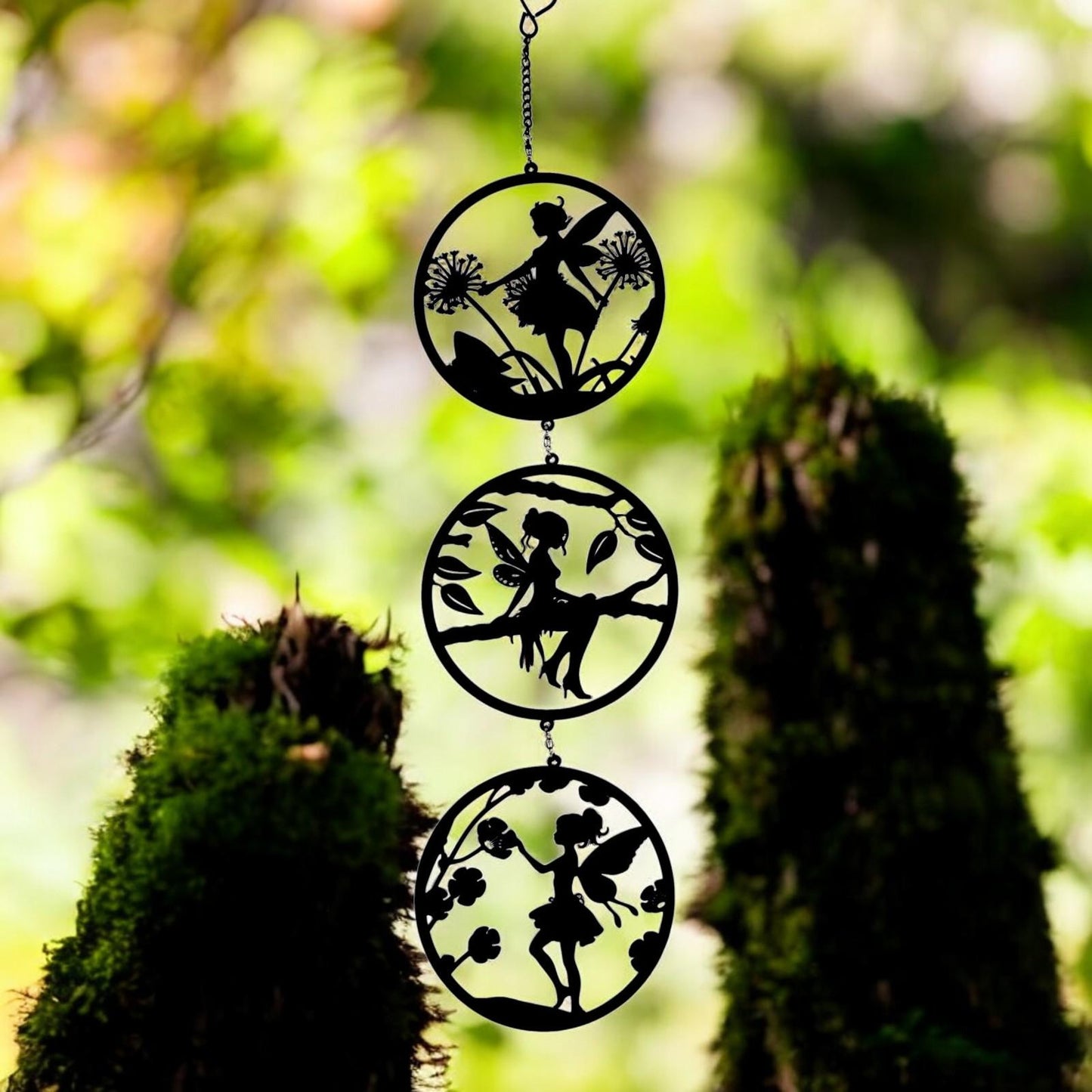 Black Fairy Silhouette Hanging Trio Spinner– 60cm x 15cm | 3-Tier Kinetic Wind Spinner for Garden & Home | Outdoor Metal Hanging Fairy