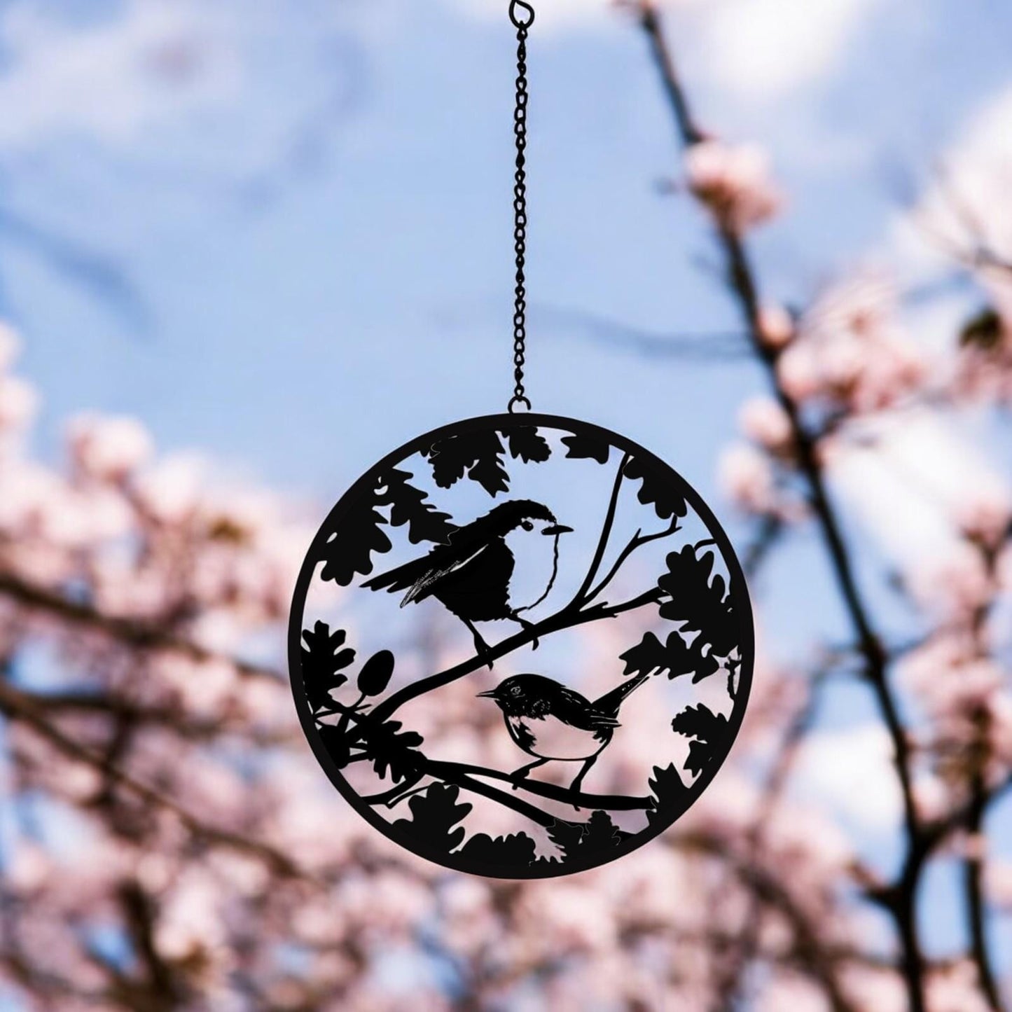 Black Robin & Wren Hanging Mirror Silhouette – 39cm x 23cm | Metal Art Garden Décor | Reflective Hanging Ornament