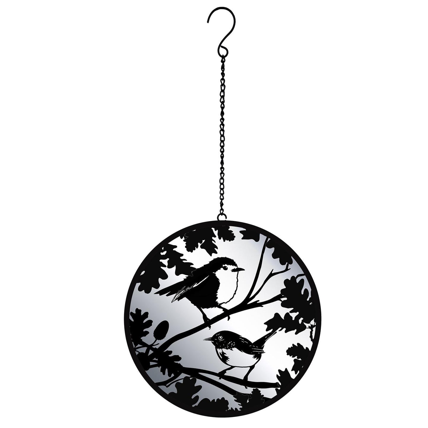 Black Robin & Wren Hanging Mirror Silhouette – 39cm x 23cm | Metal Art Garden Décor | Reflective Hanging Ornament