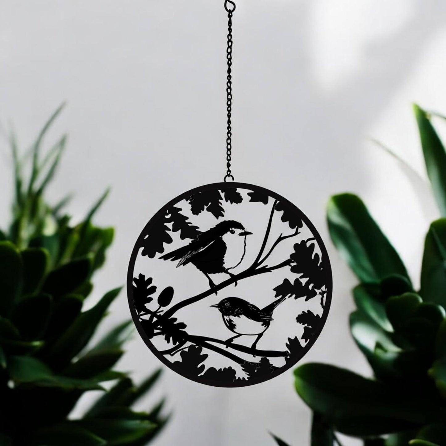 Black Robin & Wren Hanging Mirror Silhouette – 39cm x 23cm | Metal Art Garden Décor | Reflective Hanging Ornament