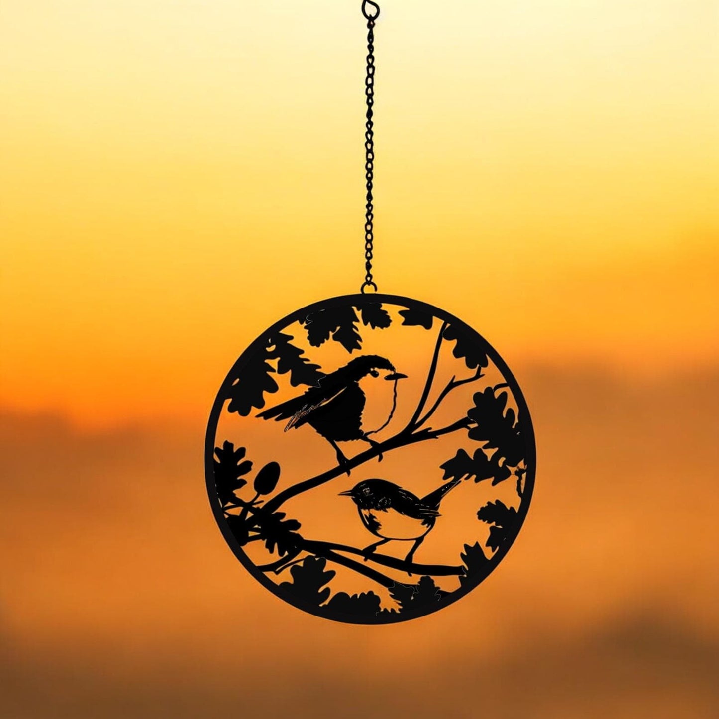 Black Robin & Wren Hanging Mirror Silhouette – 39cm x 23cm | Metal Art Garden Décor | Reflective Hanging Ornament