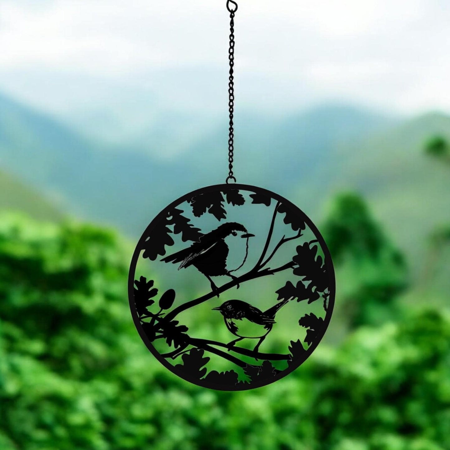 Black Robin & Wren Hanging Mirror Silhouette – 39cm x 23cm | Metal Art Garden Décor | Reflective Hanging Ornament