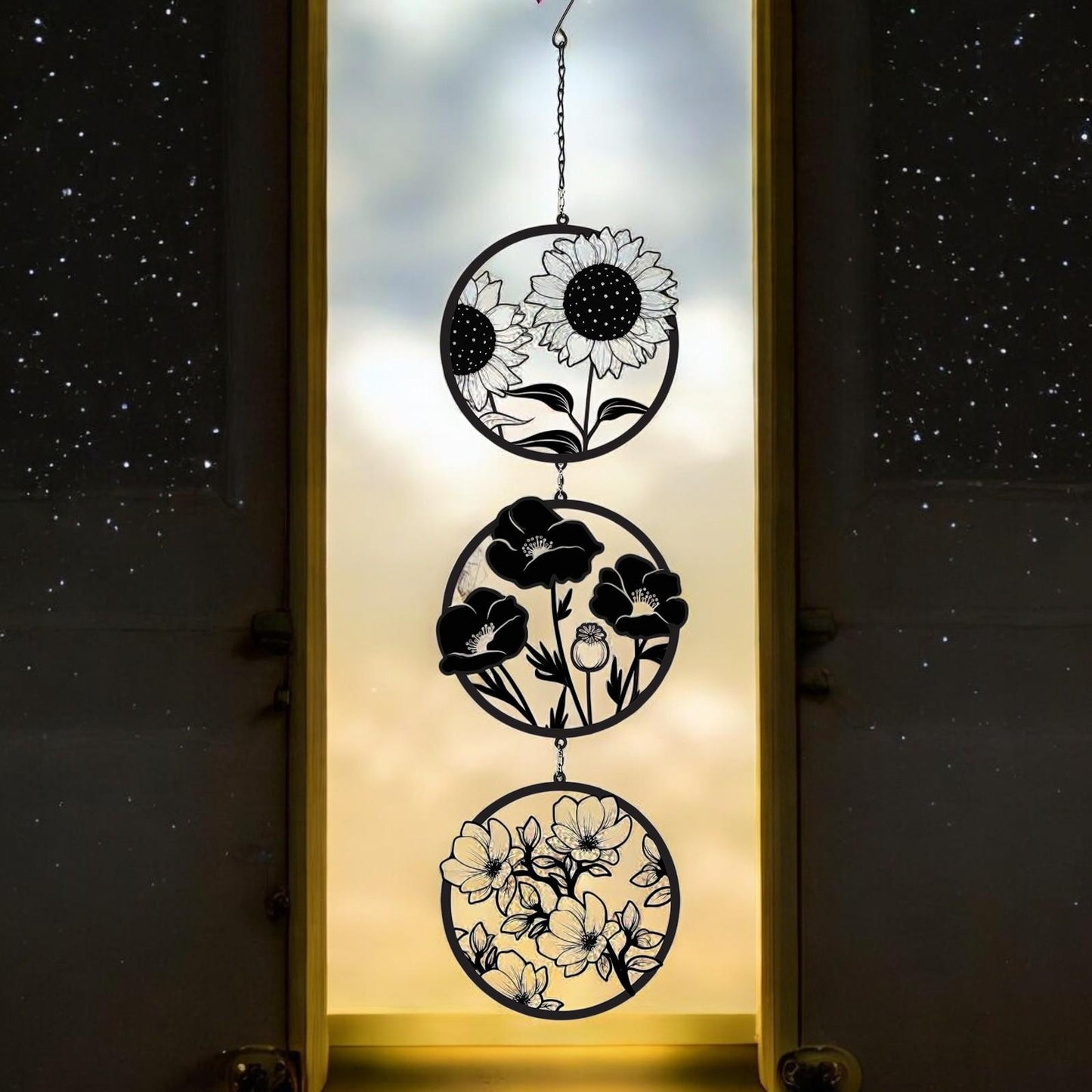 Black Floral Silhouette Hanging Trio Spinner β 60cm x 15cm | Metal Kinetic Wind Spinner for Garden & Home | Outdoor Hanging Floral Ornament