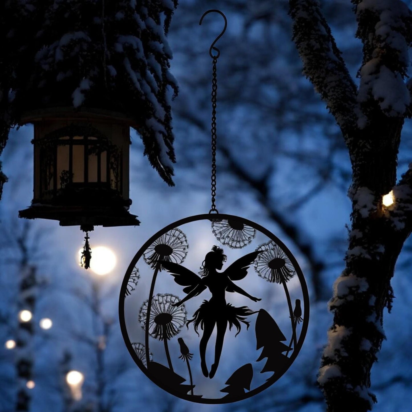 Black Fairy Hanging Mirror Silhouette – 39cm x 23cm | Enchanted Metal Fairy Wall Art & Garden Décor | Reflective Hanging Ornament