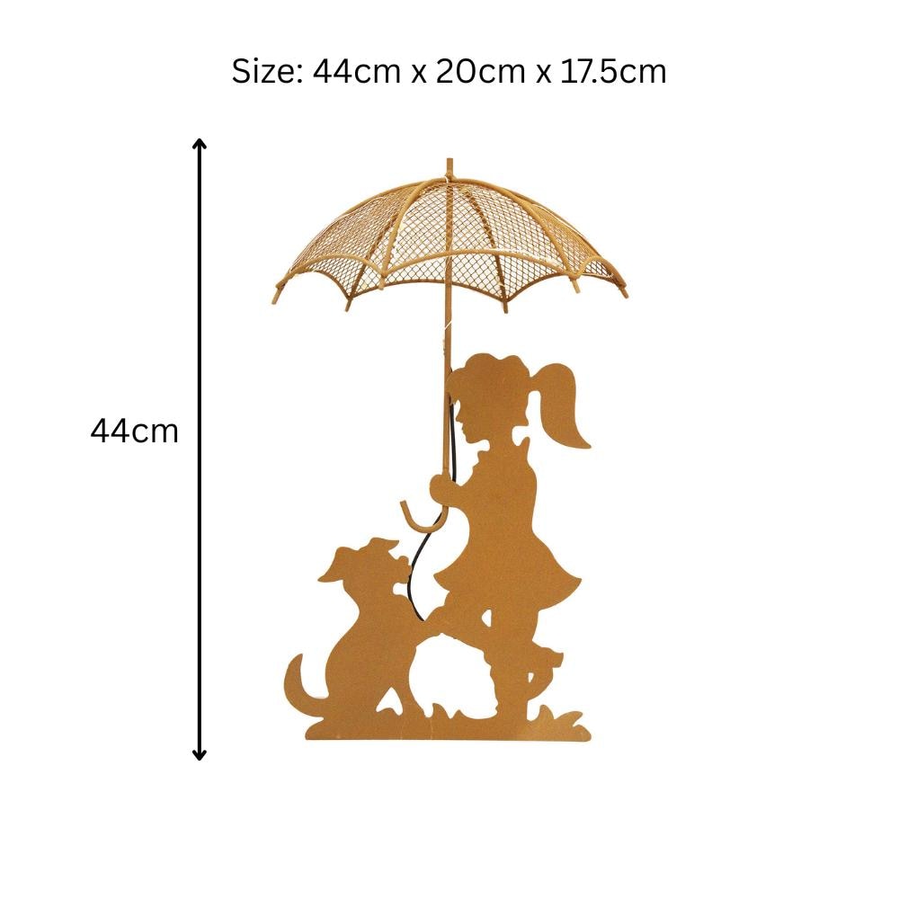 Rustic Girl & Dog Silhouette with Solar Umbrella – 44 x 20 x 17.5 CM | Outdoor Metal Garden Statue with Soft Solar Lighting