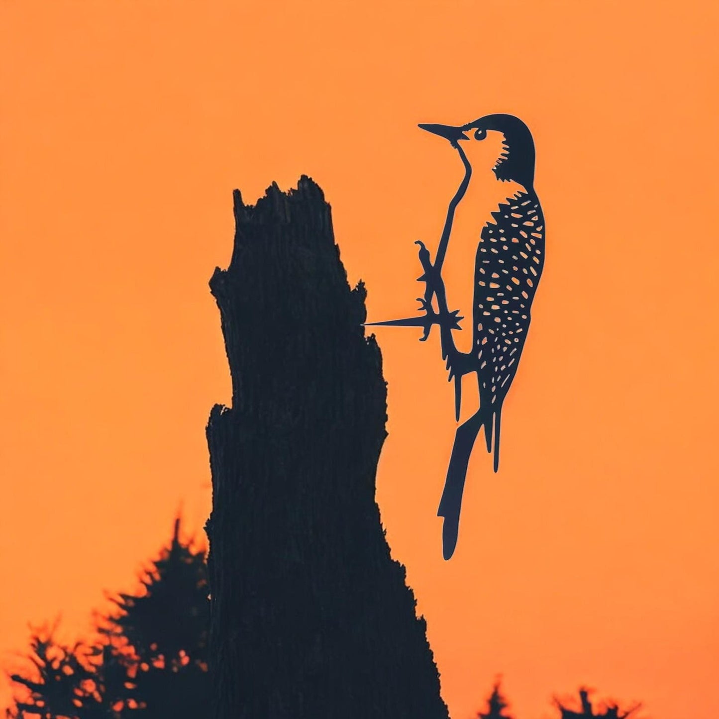 Metal Woodpecker Tree Silhouette – 25cm x 9cm | Rustic Metal Bird Wall Art & Garden Ornament | Weatherproof Hanging Décor for Outdoor