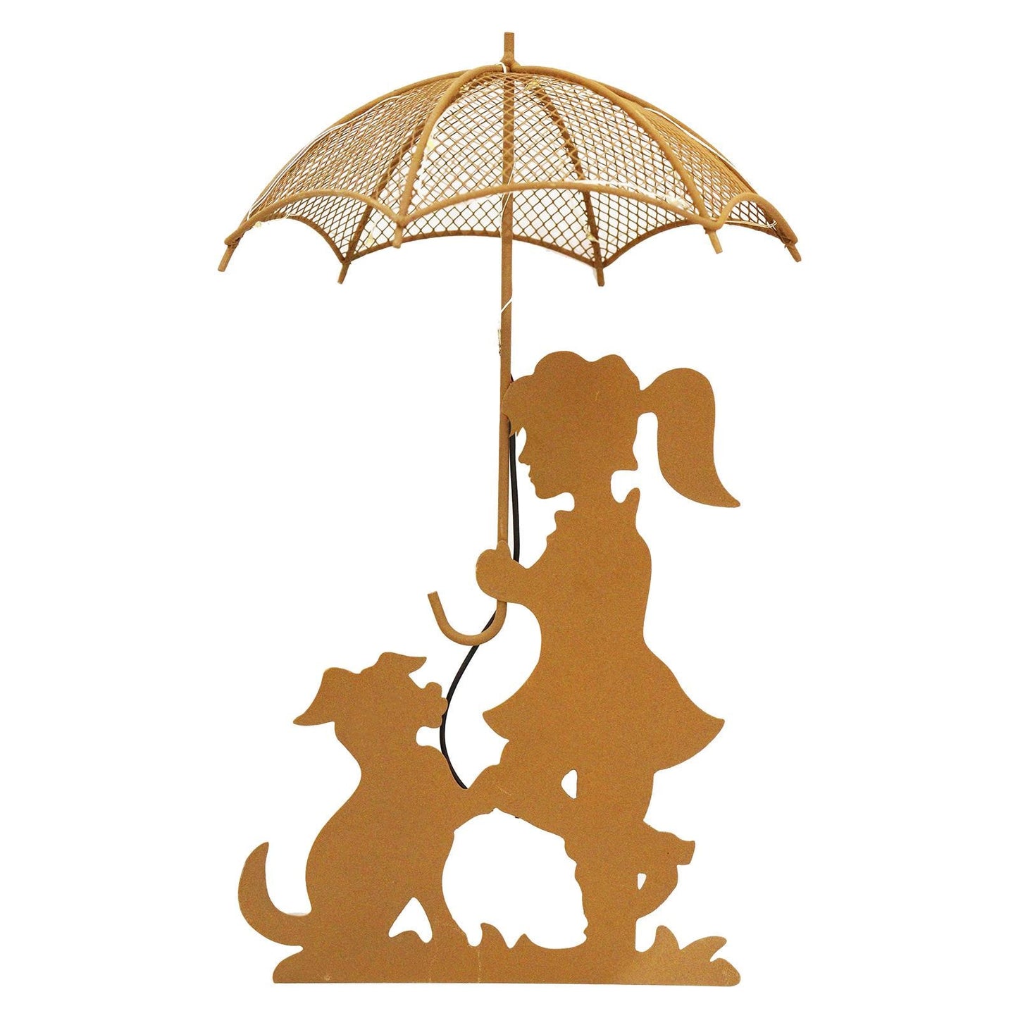 Rustic Girl & Dog Silhouette with Solar Umbrella – 44 x 20 x 17.5 CM | Outdoor Metal Garden Statue with Soft Solar Lighting