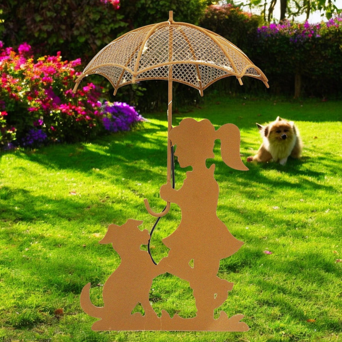 Rustic Girl & Dog Silhouette with Solar Umbrella – 44 x 20 x 17.5 CM | Outdoor Metal Garden Statue with Soft Solar Lighting