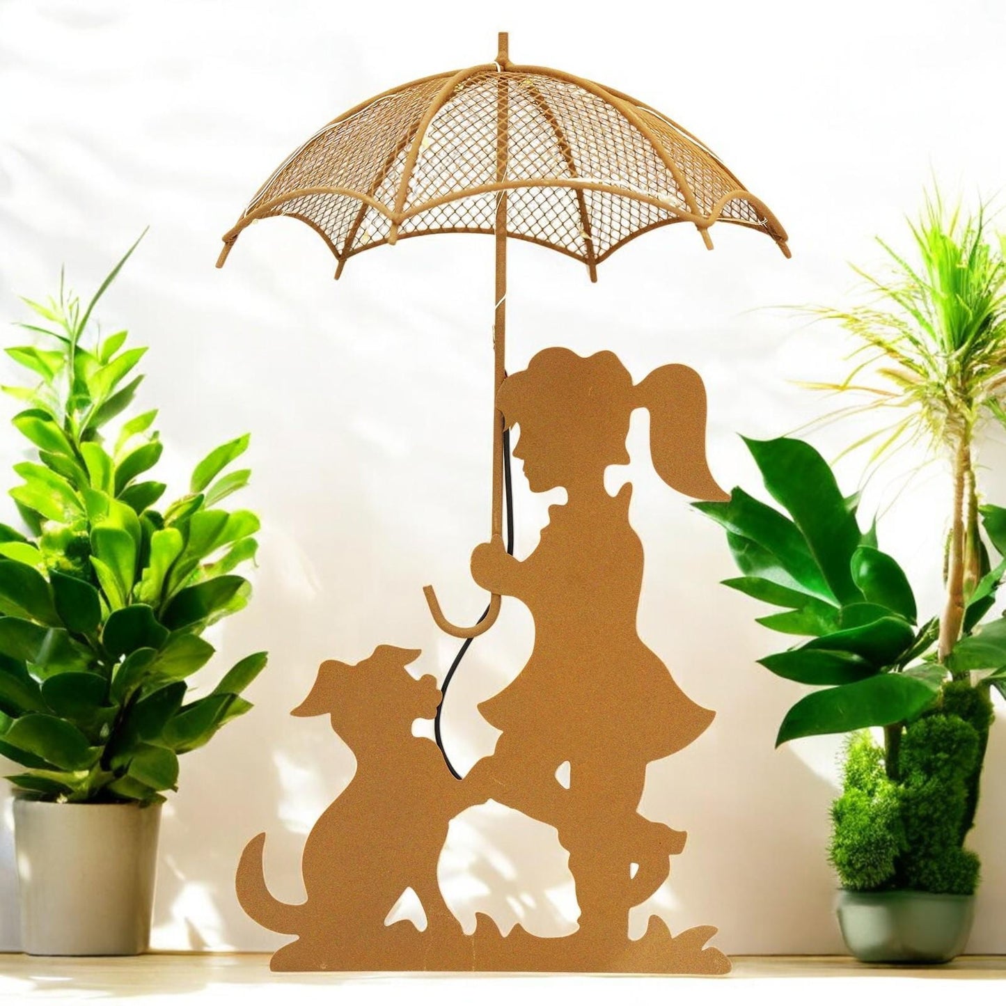Rustic Girl & Dog Silhouette with Solar Umbrella – 44 x 20 x 17.5 CM | Outdoor Metal Garden Statue with Soft Solar Lighting