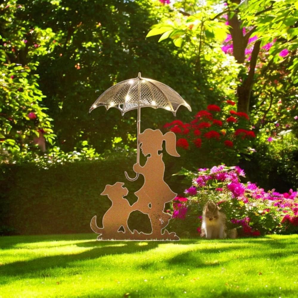 Rustic Girl & Dog Silhouette with Solar Umbrella – 44 x 20 x 17.5 CM | Outdoor Metal Garden Statue with Soft Solar Lighting