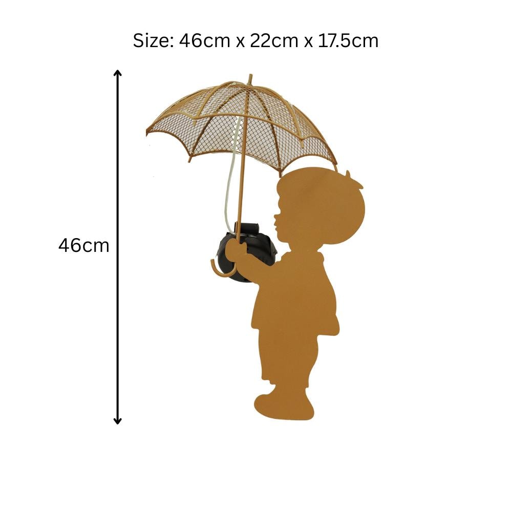 Rustic Boy Silhouette with Solar Umbrella – 46 x 22 x 17.5 CM | Metal Garden Sculpture with Solar Light