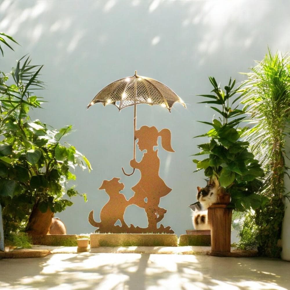 Rustic Girl & Dog Silhouette with Solar Umbrella – 44 x 20 x 17.5 CM | Outdoor Metal Garden Statue with Soft Solar Lighting