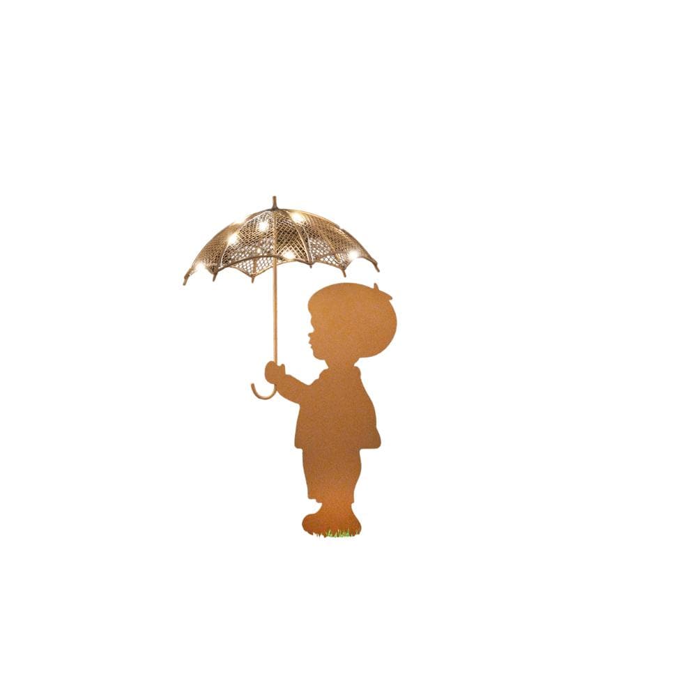 Rustic Boy Silhouette with Solar Umbrella – 46 x 22 x 17.5 CM | Metal Garden Sculpture with Solar Light