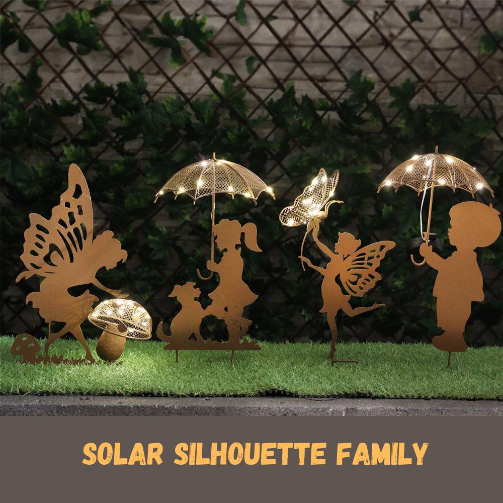 Rustic Girl & Dog Silhouette with Solar Umbrella – 44 x 20 x 17.5 CM | Outdoor Metal Garden Statue with Soft Solar Lighting