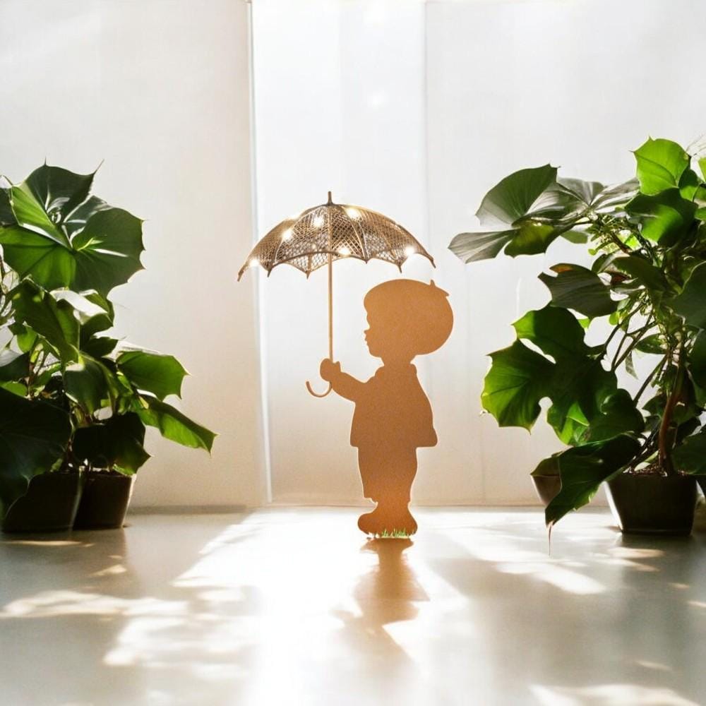 Rustic Boy Silhouette with Solar Umbrella – 46 x 22 x 17.5 CM | Metal Garden Sculpture with Solar Light