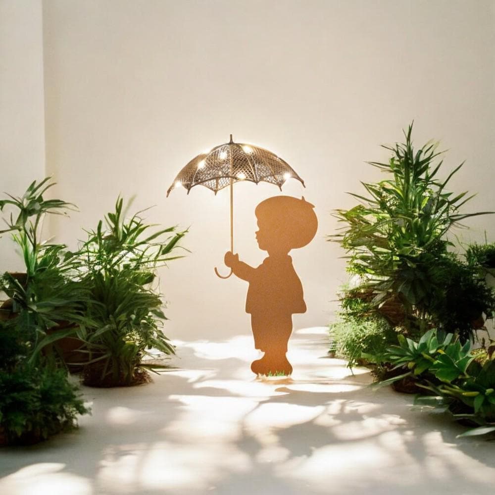 Rustic Boy Silhouette with Solar Umbrella – 46 x 22 x 17.5 CM | Metal Garden Sculpture with Solar Light