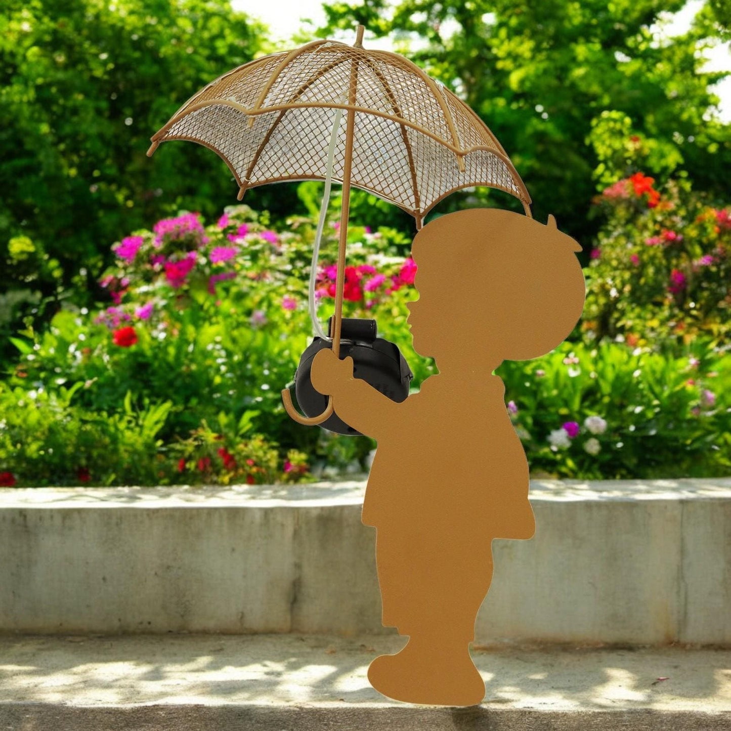 Rustic Boy Silhouette with Solar Umbrella – 46 x 22 x 17.5 CM | Metal Garden Sculpture with Solar Light