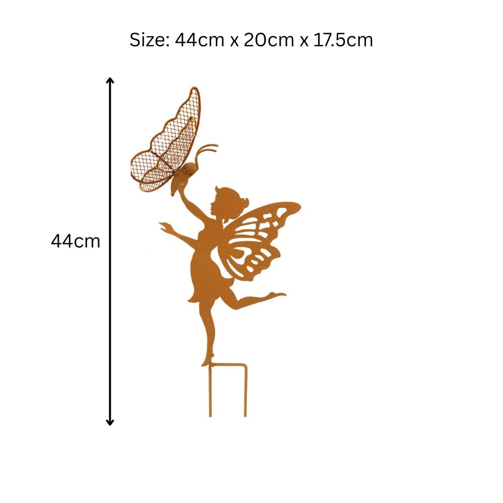 Rustic Fairy Silhouette with Solar Butterfly – 44 x 20 x 17.5 CM | Metal Garden Sculpture with Solar Light | Enchanted Outdoor Fairy Décor