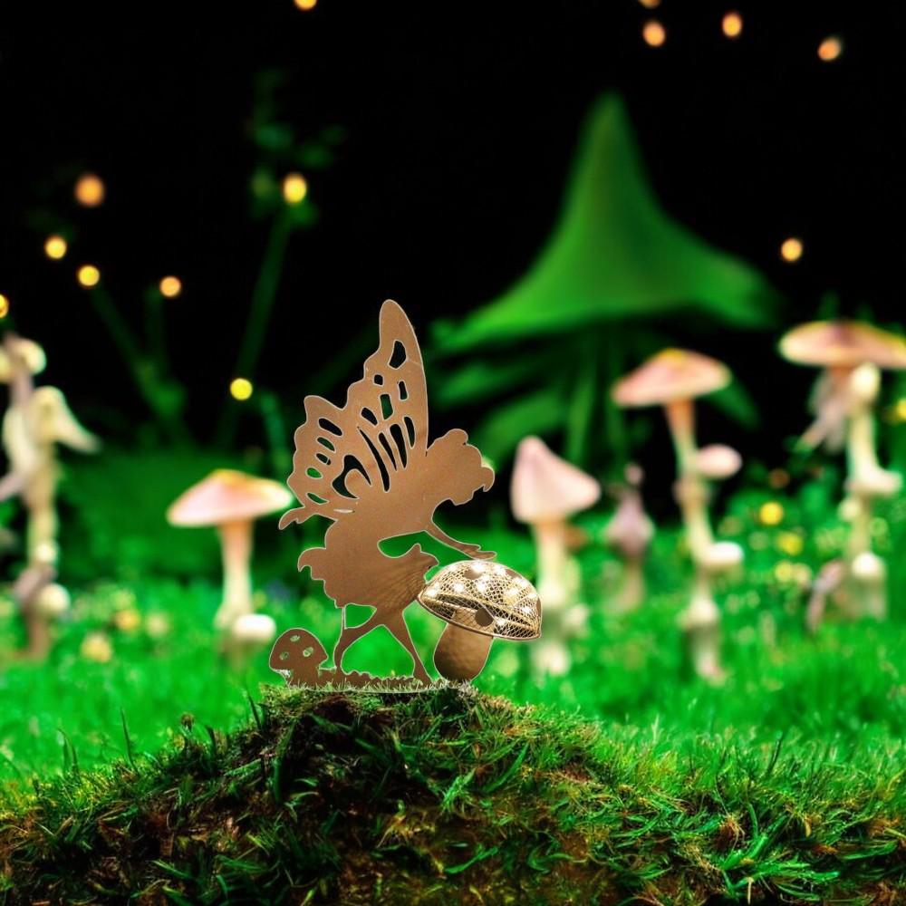 Rustic Fairy Silhouette with Solar Toadstool – 44 x 20 x 17.5 CM | Metal Garden Sculpture with Solar Light | Enchanted Outdoor Fairy Décor