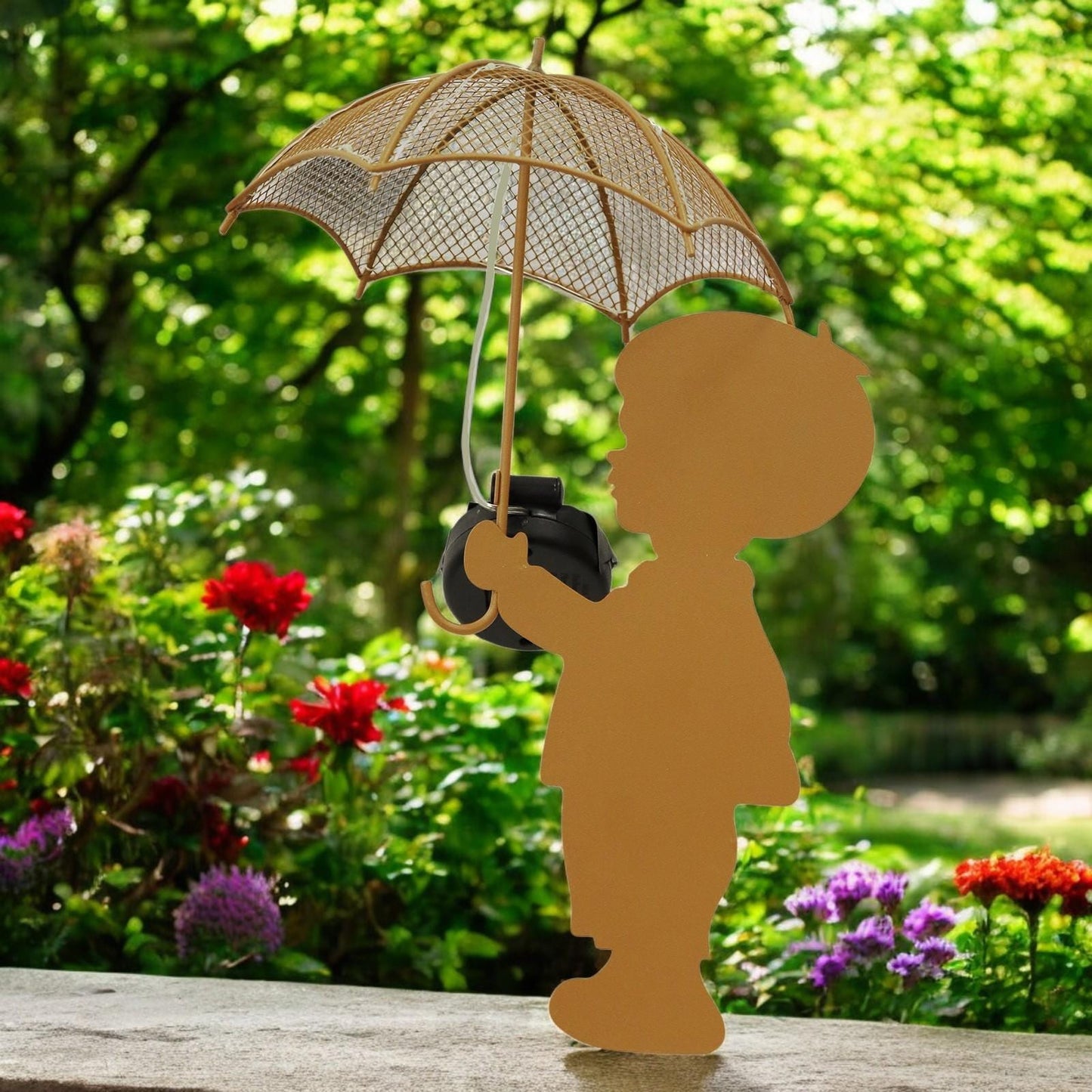 Rustic Boy Silhouette with Solar Umbrella – 46 x 22 x 17.5 CM | Metal Garden Sculpture with Solar Light