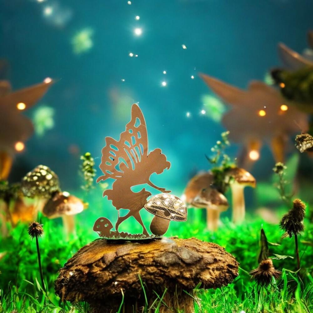 Rustic Fairy Silhouette with Solar Toadstool – 44 x 20 x 17.5 CM | Metal Garden Sculpture with Solar Light | Enchanted Outdoor Fairy Décor
