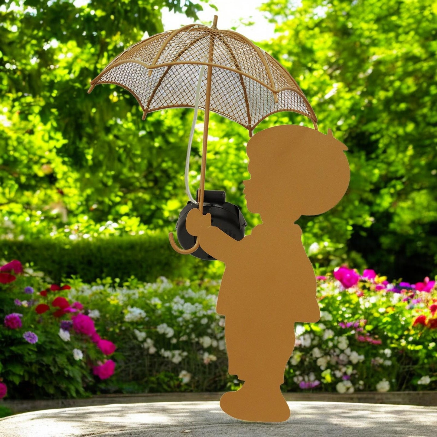 Rustic Boy Silhouette with Solar Umbrella – 46 x 22 x 17.5 CM | Metal Garden Sculpture with Solar Light
