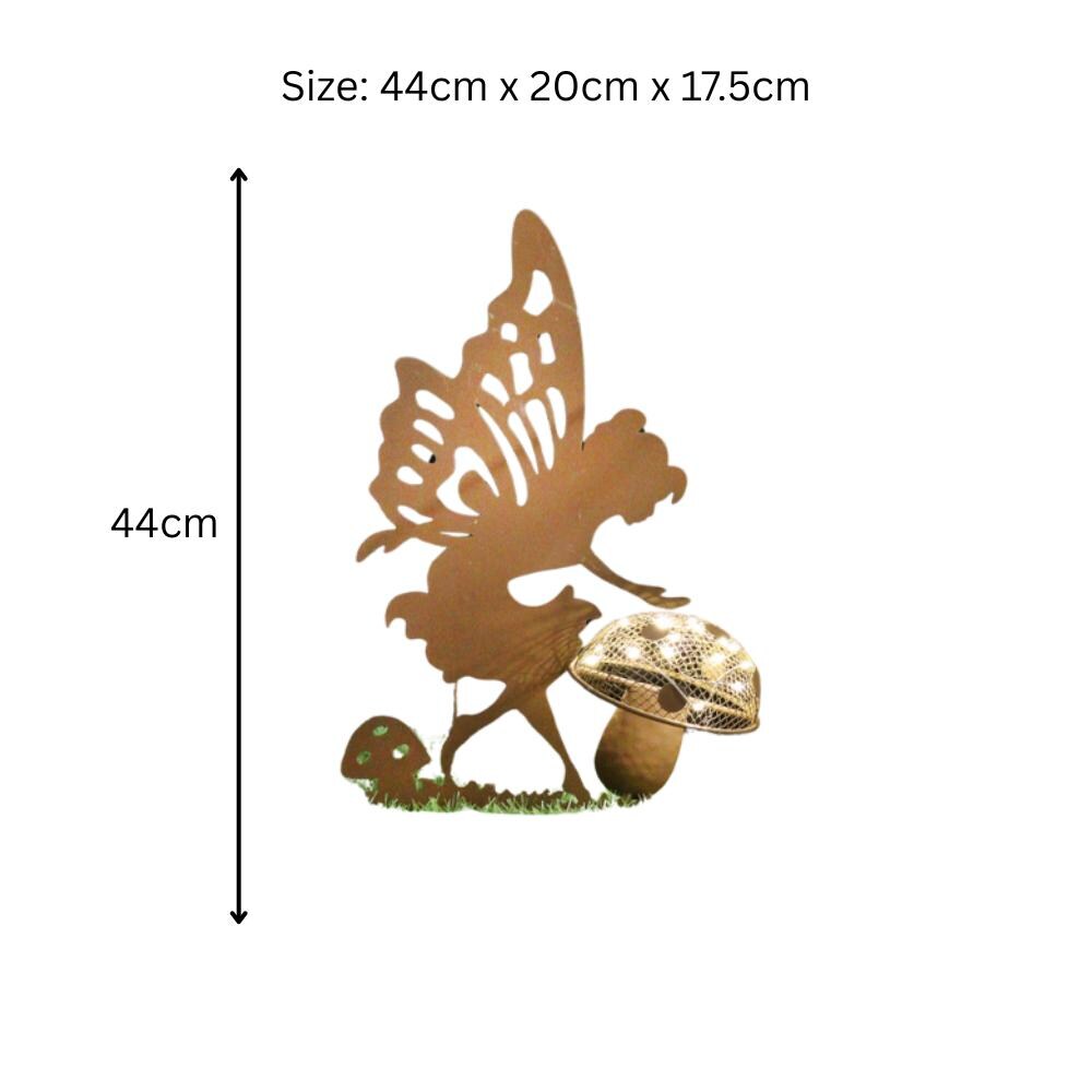 Rustic Fairy Silhouette with Solar Toadstool – 44 x 20 x 17.5 CM | Metal Garden Sculpture with Solar Light | Enchanted Outdoor Fairy Décor