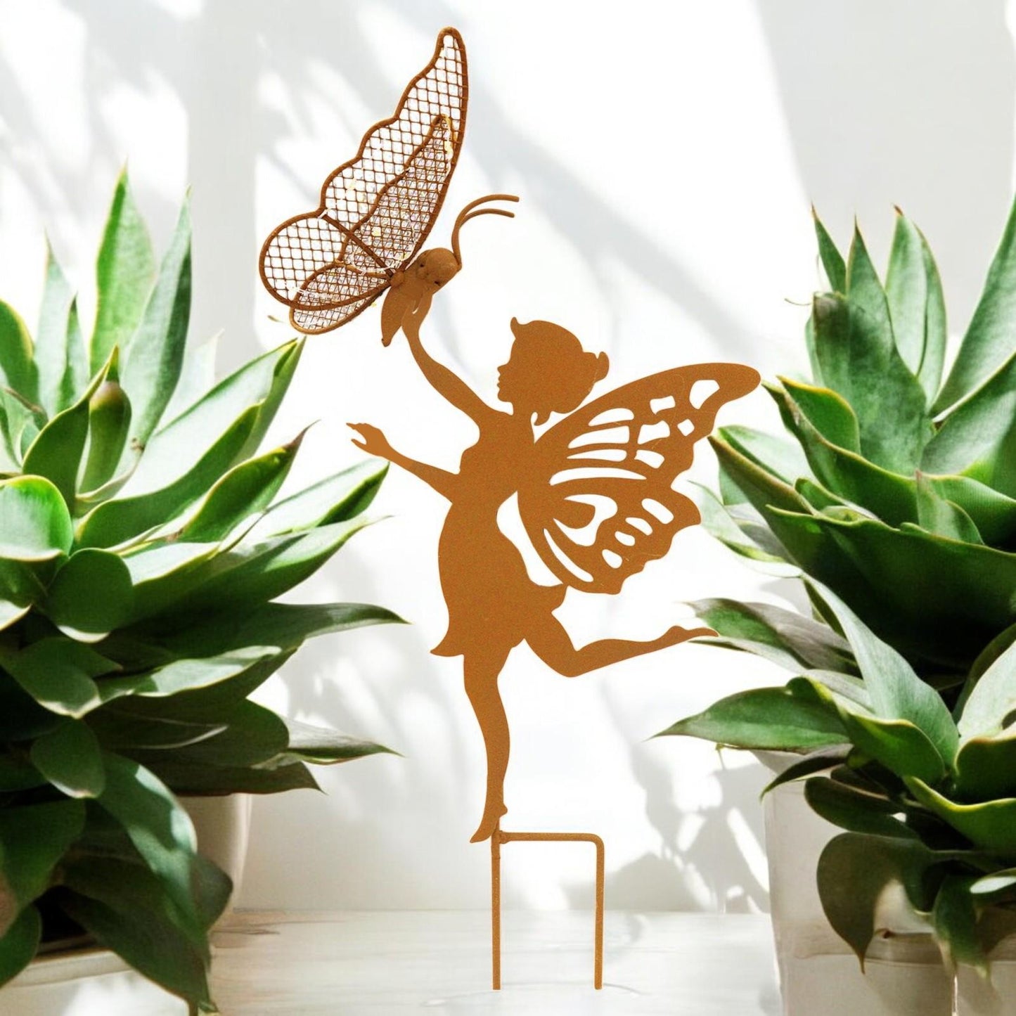 Rustic Fairy Silhouette with Solar Butterfly – 44 x 20 x 17.5 CM | Metal Garden Sculpture with Solar Light | Enchanted Outdoor Fairy Décor