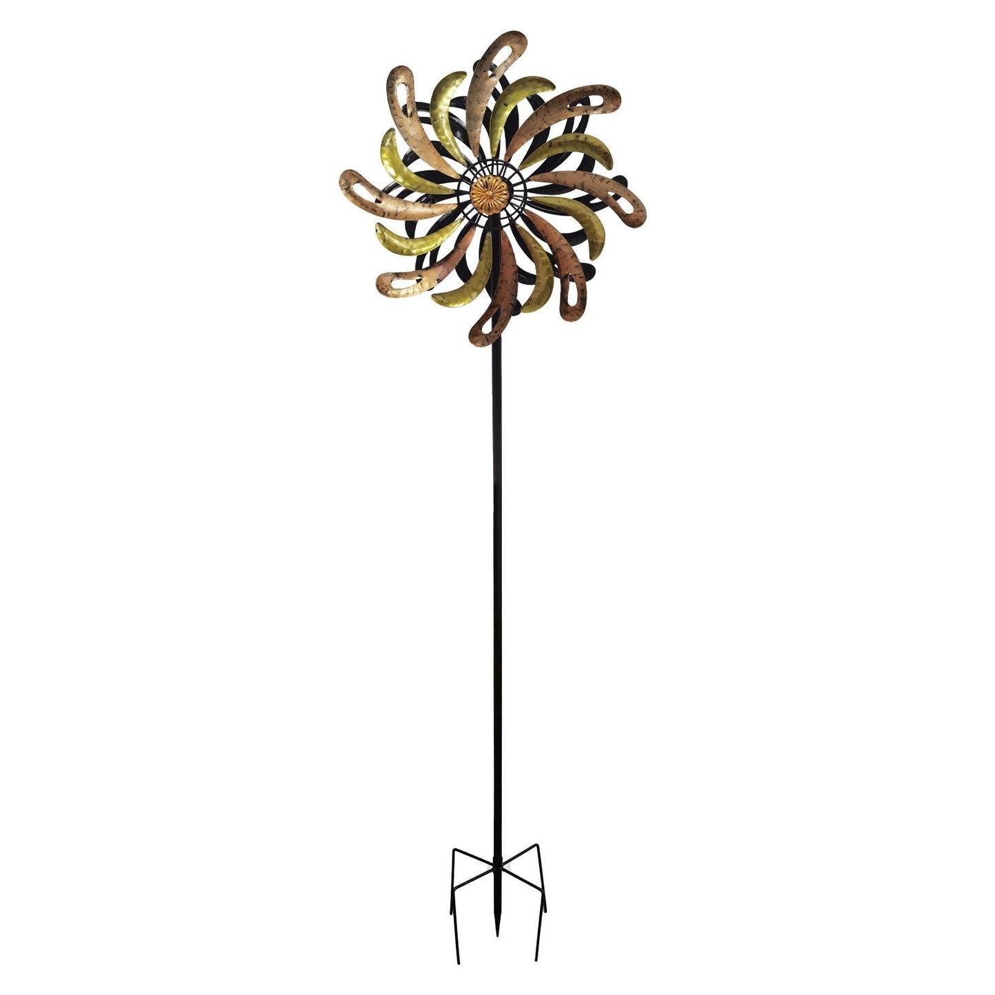 Small Golden Flare Vortex Wind Spinner Stake ā 120 x 36 x 15 CM | Metal Kinetic Garden Wind Sculpture | Outdoor Decorative Windmill Spinner