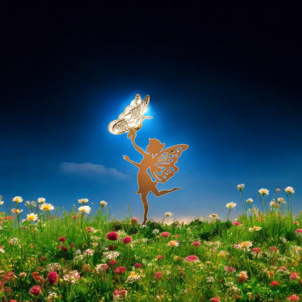 Rustic Fairy Silhouette with Solar Butterfly – 44 x 20 x 17.5 CM | Metal Garden Sculpture with Solar Light | Enchanted Outdoor Fairy Décor