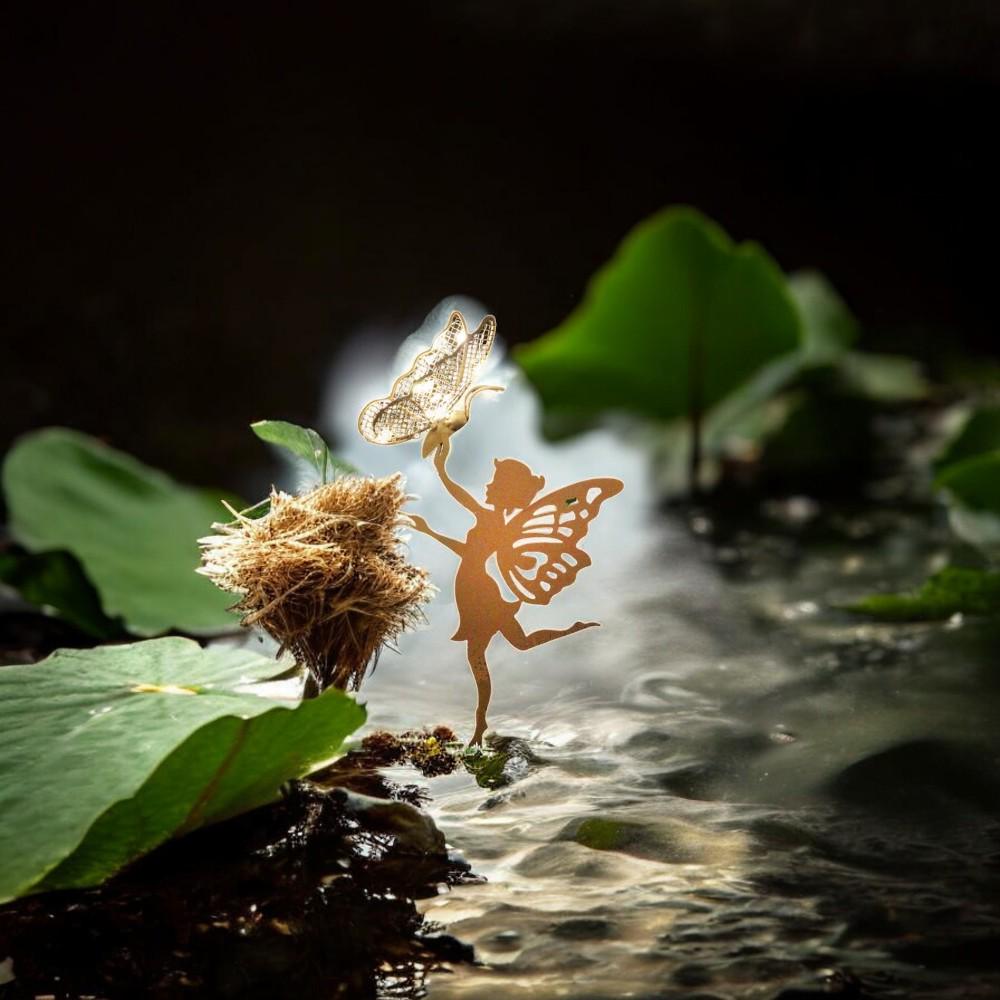Rustic Fairy Silhouette with Solar Butterfly – 44 x 20 x 17.5 CM | Metal Garden Sculpture with Solar Light | Enchanted Outdoor Fairy Décor