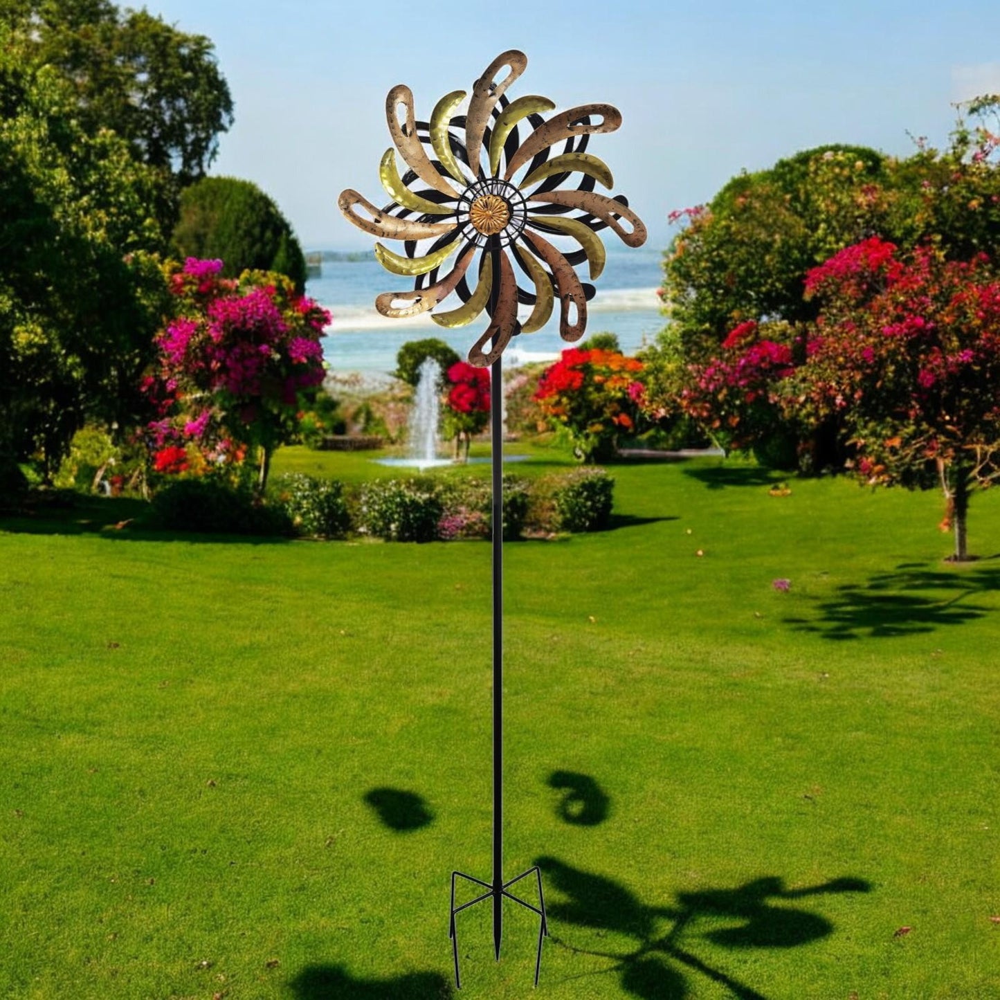 Small Golden Flare Vortex Wind Spinner Stake ā 120 x 36 x 15 CM | Metal Kinetic Garden Wind Sculpture | Outdoor Decorative Windmill Spinner