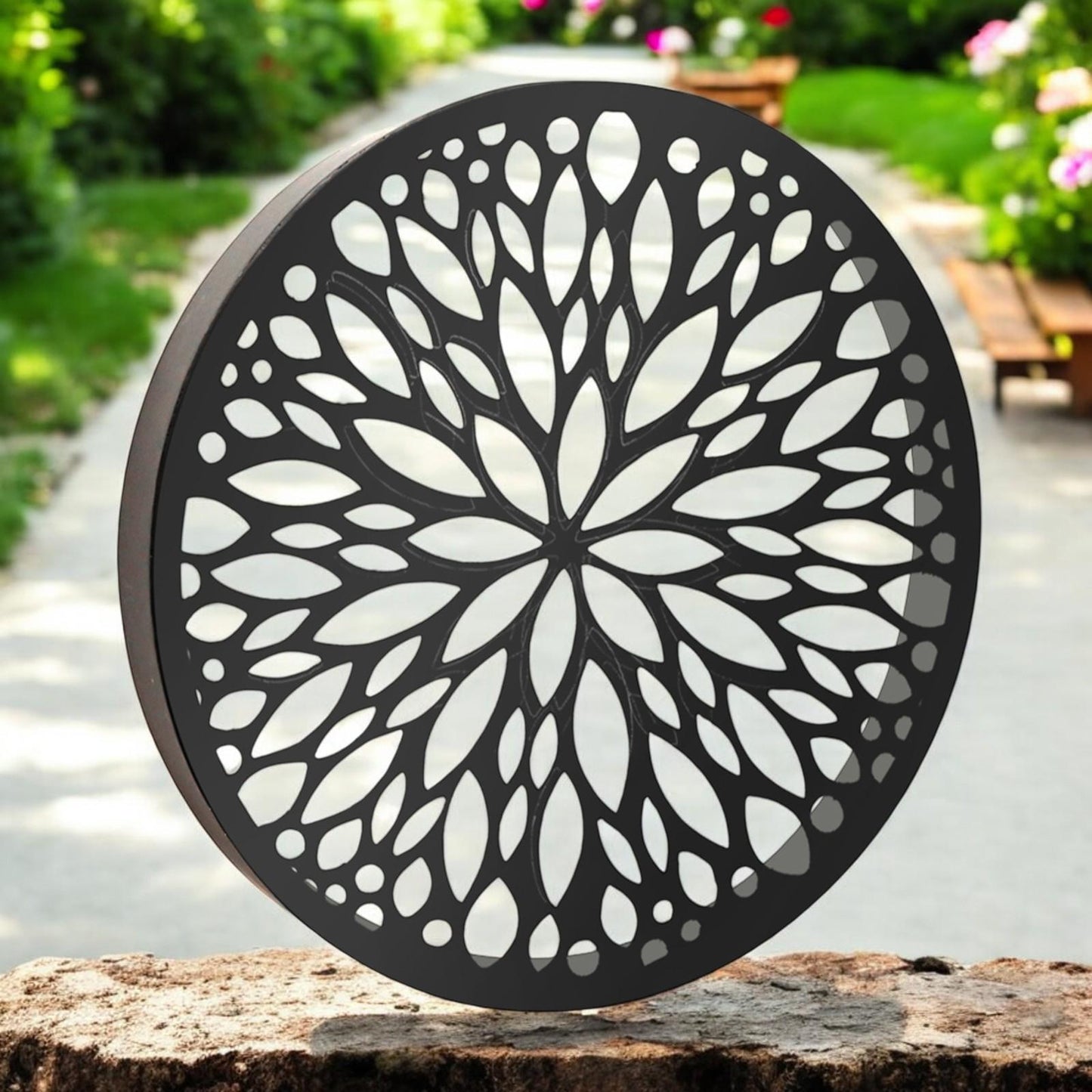 Metal Abstract Flower Solar Wall Panel – 40 x 40 x 5 CM | Solar-Powered Outdoor Wall Art | Metal Garden Panel with LED Light for Patio